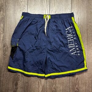 Perry Ellis America Mens XL Swim Trunks Navy Blue Neon Green Vtg Board Shorts
